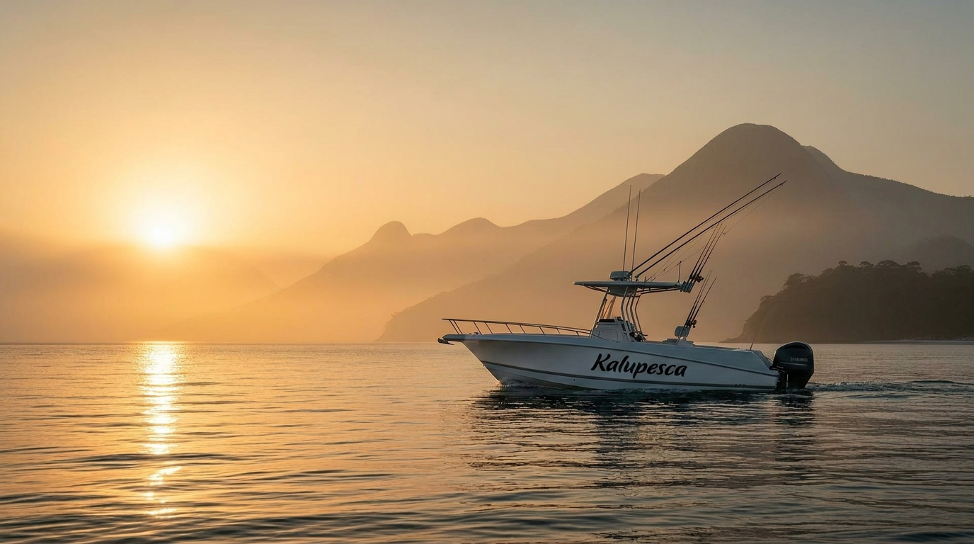 Amanhecer sobre o mar de Ubatuba com a lancha de pesca esportiva da Kalupesca
